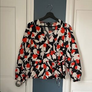 Who What Wear Red and Black Floral Wrap Blouse